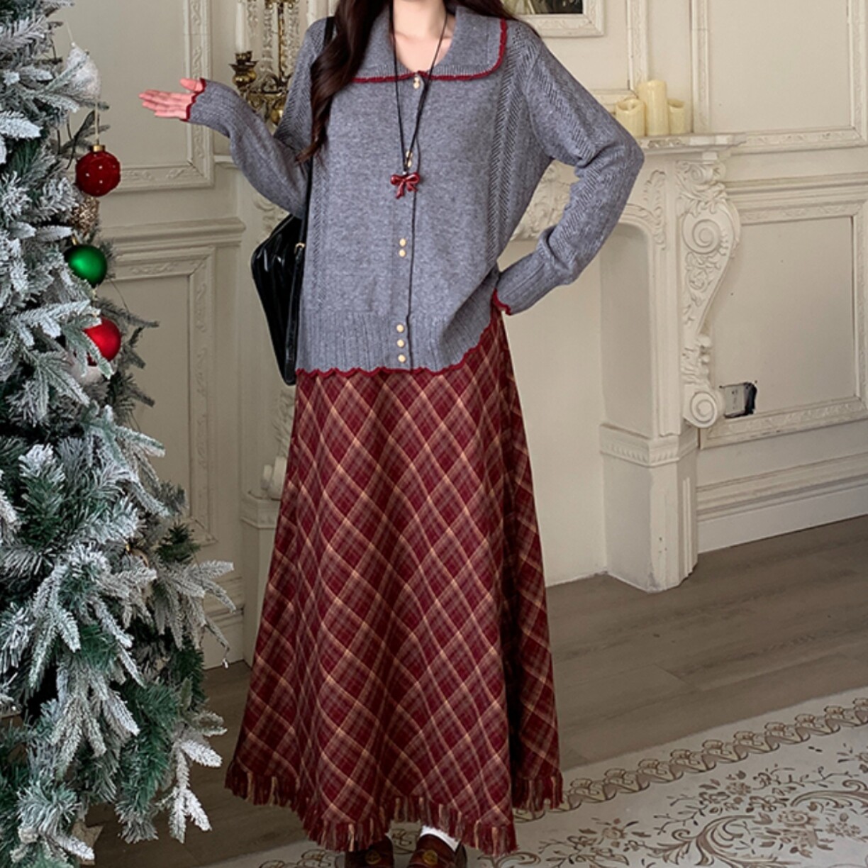 2025冬装新款胖mm大码女圣诞穿搭针织毛衣格子半身裙套装