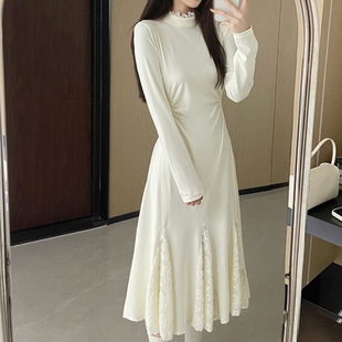 小个子针织连衣裙春秋款 蕾丝拼接鱼尾裙收腰半高领内搭毛衣裙 长袖