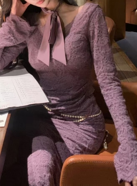 Barb Chill12/20-12/22新品单件7折灰紫色蕾丝连衣裙圣诞长裙