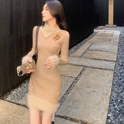 2025新款法式针织拼接连衣裙女小个子高级感气质收腰包臀短裙