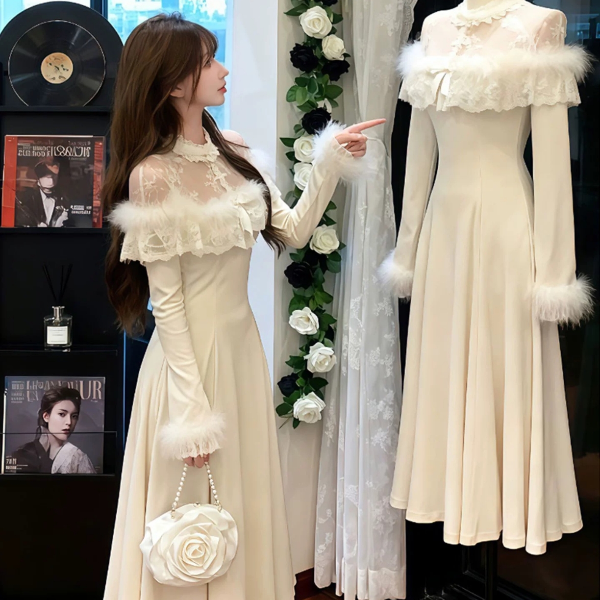 法式千金毛毛领长袖针织连衣裙女秋冬内搭收腰生日礼服绝美长裙子