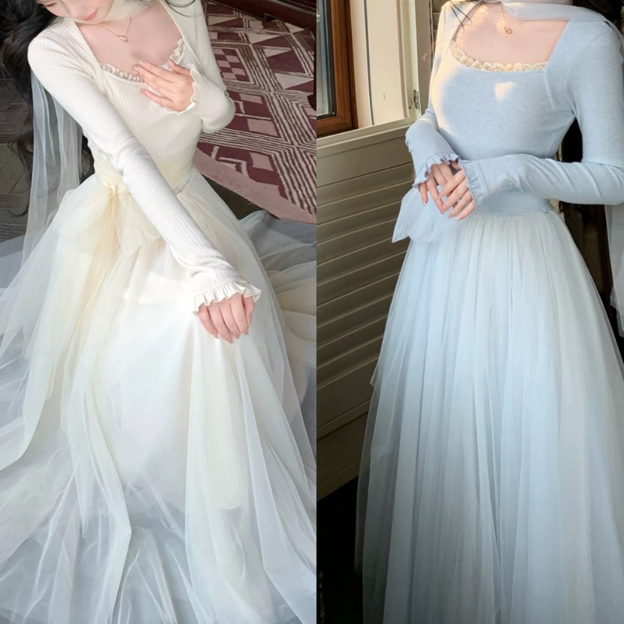 胡桃夹子 少女感温柔方领针织拼接网纱仙气氛围感连衣裙,女装/女士精品,连衣裙,淘宝优惠券,粉丝福利购,淘宝优惠卷