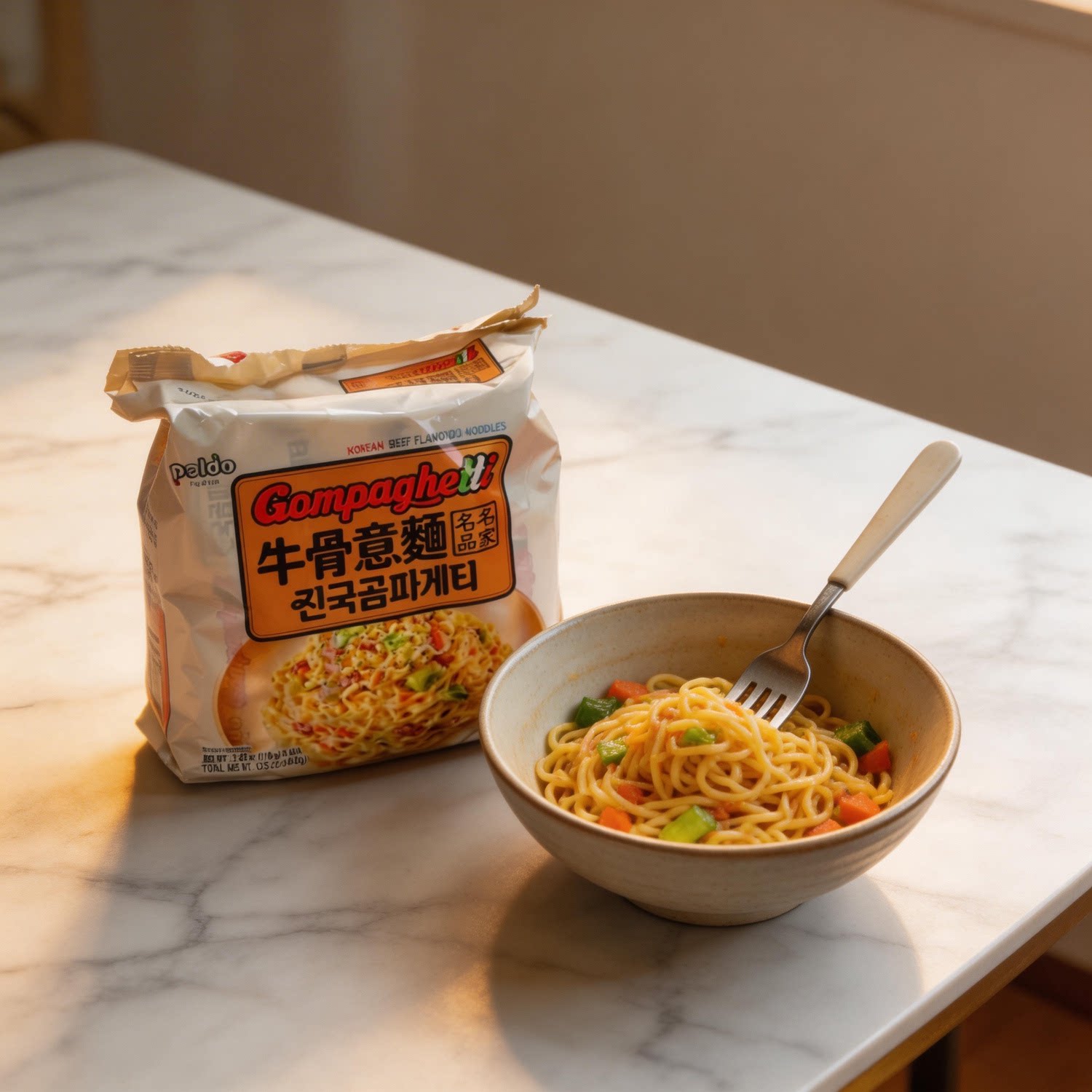 韩国PALDO牛骨意面65g袋装微辣方便面烹煮速食韩式牛骨意大利面