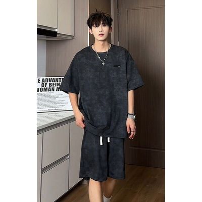 美式扎染运动短袖t恤男生酷帅夏日穿搭一整套潮牌慵懒风短裤套装