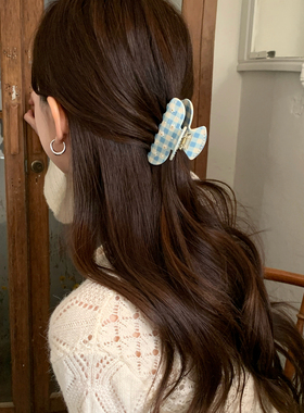 甜格少女！emijay同款花朵格纹抓夹高级感醋酸鲨鱼夹后脑勺盘发夹