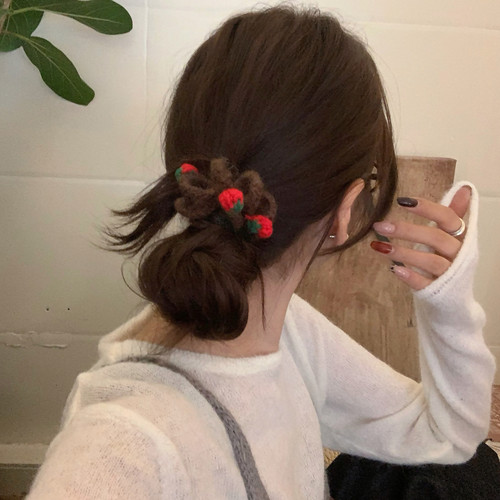 草莓甜酱！毛线编织大号电话绳发圈秋冬少女感毛绒绒扎发皮筋头绳