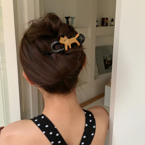 可爱豹纹猫咪一字扭扭盘发夹质感醋酸抓夹后脑勺发卡高级感发饰品