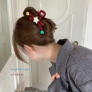 趣味撞色波点星星纽扣抓夹大号蝴蝶结鲨鱼夹半扎盘发夹发量多发抓