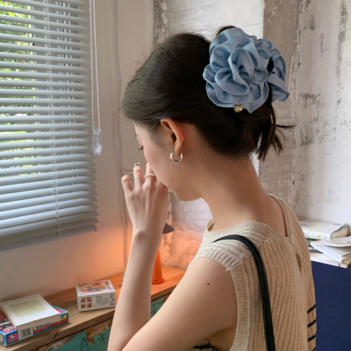 复古牛仔花朵抓夹蓬松后脑勺鲨鱼夹法式优雅气质发抓盘发夹子发饰