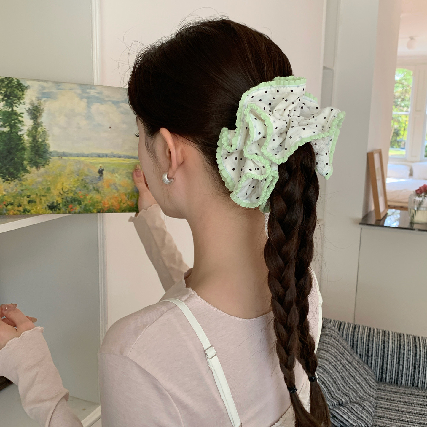 蜜瓜奶绿！双层花边波点发圈少女春夏新款丸子头皮筋头绳韩系头花