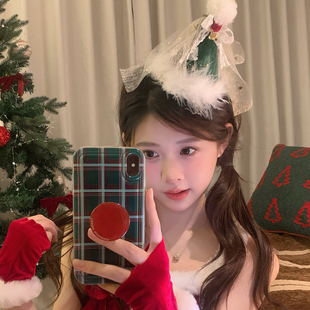韩系少女毛绒绒圣诞帽发夹超仙丝绒帽子发卡顶夹生日派对拍照道具