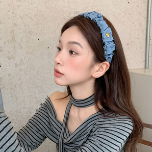 千禧denim 褶皱牛仔宽边发箍韩系金标爱心头箍压发发卡外戴发饰