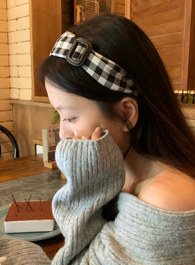 皮质方扣格纹发箍百搭学院风头箍高颅顶压发发卡法式气质发饰品女