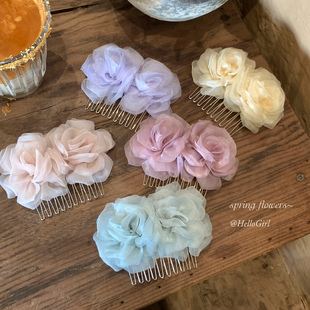 超仙薄纱花朵倒插梳发卡春夏氛围感碎发侧边夹温柔半扎发梳发饰品