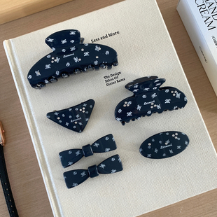 中古藏青！复古碎花发夹发卡质感醋酸抓夹发抓刘海夹韩系少女发饰