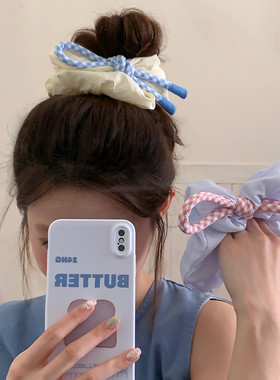 学院少女！粉蓝格打结飘带大肠圈发绳蓬松云朵发圈头绳丸子头皮筋