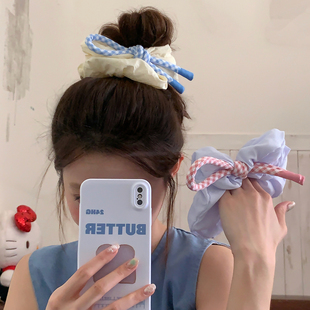 学院少女 粉蓝格打结飘带大肠圈发绳蓬松云朵发圈头绳丸子头皮筋