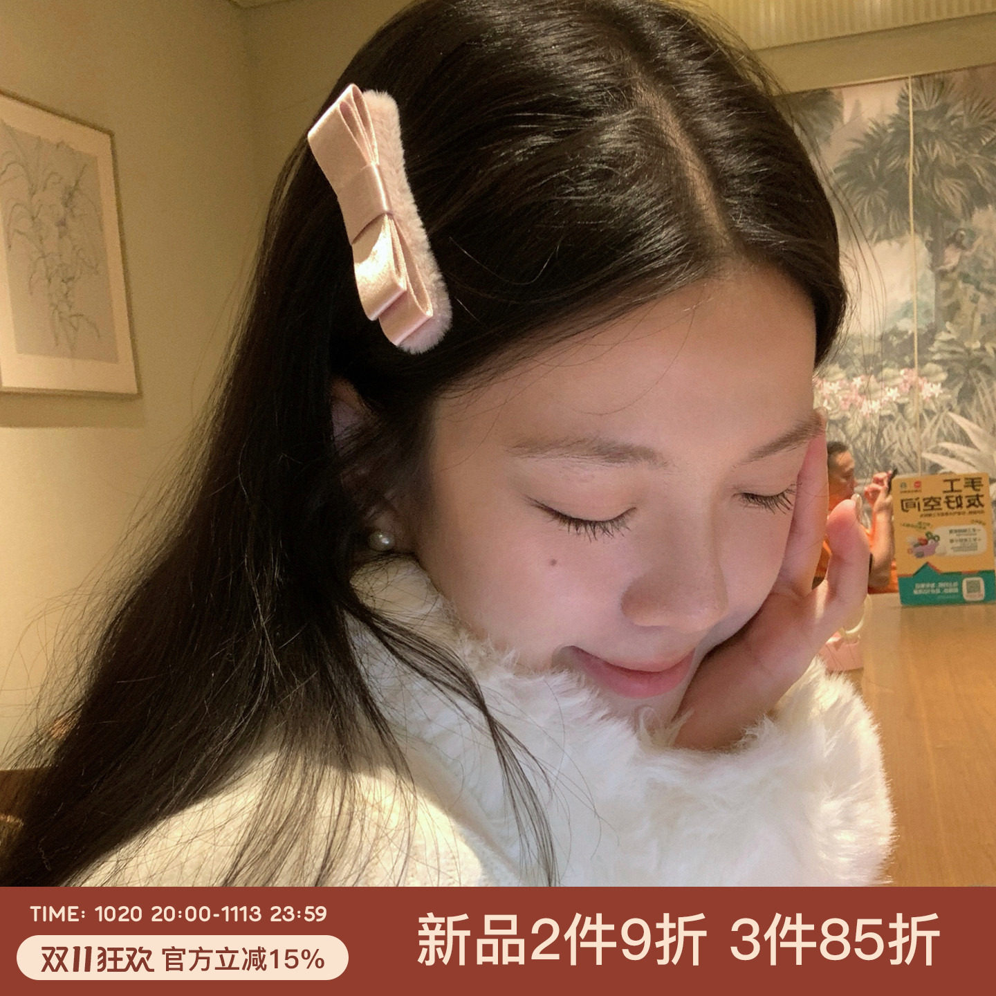 缪系千金~立体缎面蝴蝶结发夹毛绒绒仿兔毛发卡侧边掰掰夹刘海夹