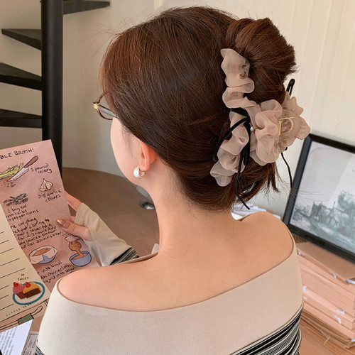 超仙褶皱网纱蝴蝶结云朵抓夹温柔风后脑勺盘发夹春夏新款鲨鱼夹子