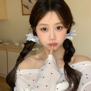 2条装 奶油色波点蝴蝶结小肠圈发绳甜妹双马尾扎发皮筋头绳发饰品