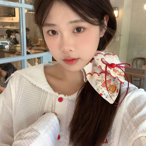 红苹果爱丽丝~蕾丝花边蝴蝶结方巾发圈森系少女肠圈发绳手作发饰