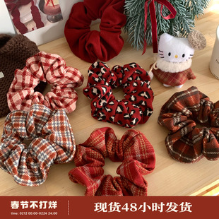 复古红系！毛呢大肠发圈女秋冬格子豹纹扎马尾头绳高级感发饰发绳