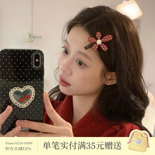 红色波点花朵发夹高级感刘海夹抓夹半扎马尾发抓韩系甜美发卡发饰