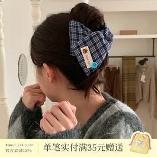 学院风小熊布标格纹三角抓夹鲨鱼夹高马尾发爪女盘发夹显发量发卡