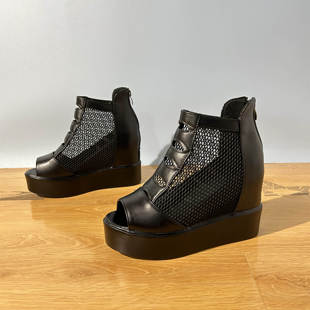 镂空网纱凉靴10cm 透气松糕厚底坡跟罗马凉鞋 内增高鱼嘴鞋 女春夏季