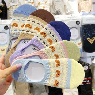 韩国ggorangnae船袜硅胶放掉女生防脱隐形袜植绒小熊拼色薄棉2054