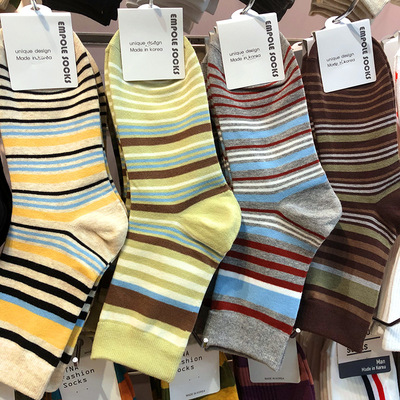 韩国进口EMPOLE撞色条纹女生中筒棉袜东大门英伦风四季款女袜6095