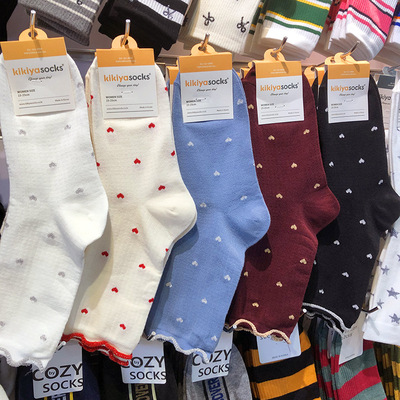 韩国kikiyasocks新款女袜木耳花边少女袜中筒甜美小爱心棉袜1246