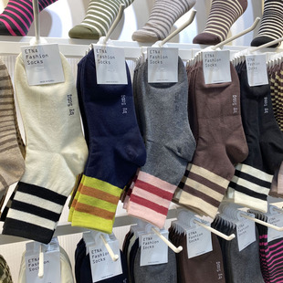 韩国袜子ETNA东大门女袜条纹撞色时尚网红中筒纯棉袜进口拼色3004