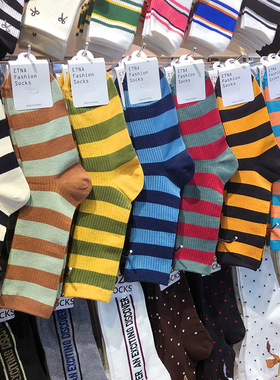 【她他韩袜】韩国ETNA新款撞色宽条纹女美拉德复古中筒棉袜3130