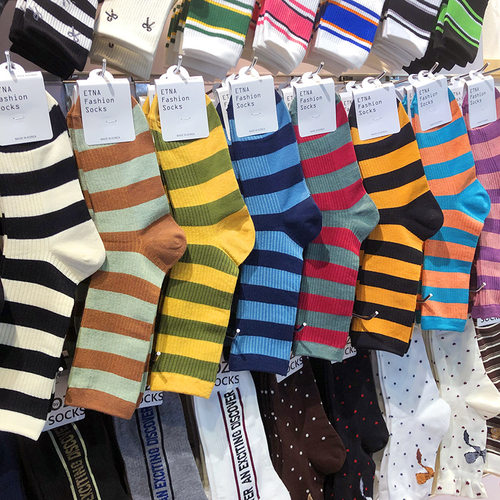 【她他韩袜】韩国ETNA新款撞色宽条纹女美拉德复古中筒棉袜3130