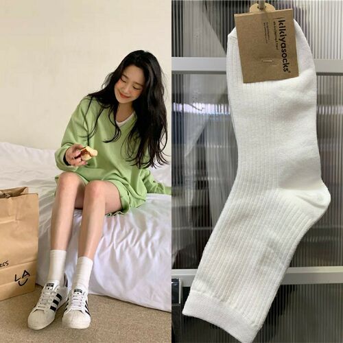 同款kikiyasocks韩国进口女袜纯色棉袜螺纹袜中筒袜子1243