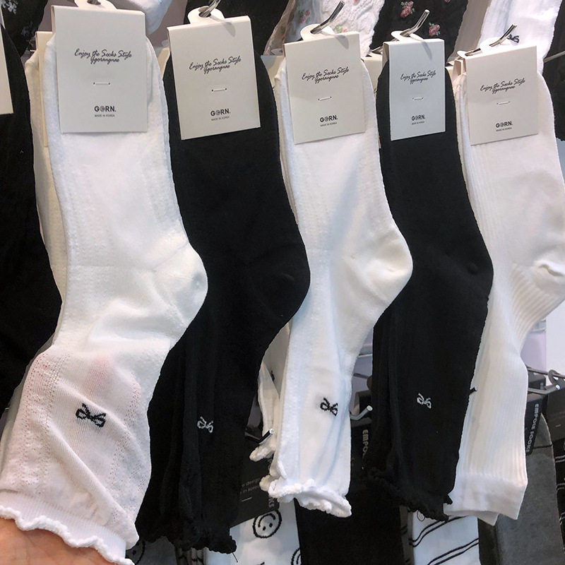 韩国GG春夏新款法式蝴蝶结少女袜甜美木耳花边纯色中筒袜薄款2138