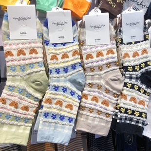 韩国ggorangnae女袜子小熊花朵棉袜时尚新款中筒森系少女袜2051