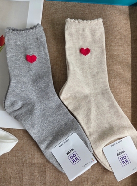 韩国进口女袜子爱心纯色百搭中筒袜东大门新款秋冬简约棉袜9365