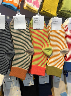 新款女袜子时尚拼色跟中筒袜条纹控文艺女生棉袜韩国进口3053