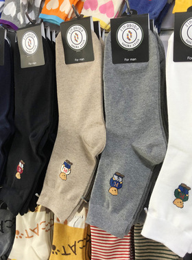 新款潮牌男袜韩国进口袜子时尚休闲动漫绅士熊中筒袜长棉袜9111