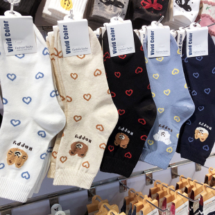 韩国进口vividcolor棉袜卡通女袜子爱心植绒狗狗中筒日系动漫5138