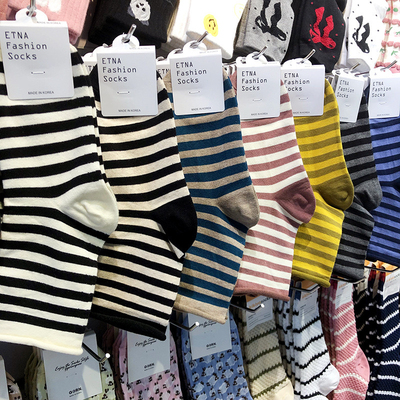 韩国ETNA新款卷边女袜复古风拼色条纹中筒袜松口小卷边女棉袜3100