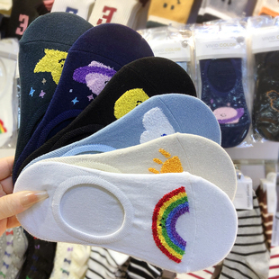 韩国进口船袜二次元 卡通少女袜植绒彩虹笑脸防脱隐形短棉袜薄5120