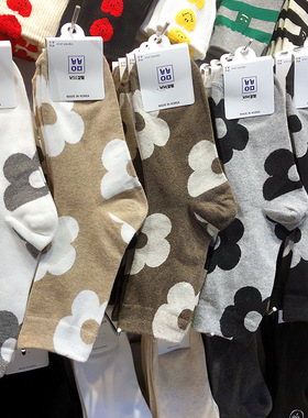 复古风花朵女士中筒袜新款韩国进口袜子法式棉袜宽罗口9113