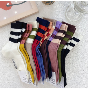 韩国东大门女袜拼色宽条纹中筒袜彩色三道杠运动横杠袜子3006