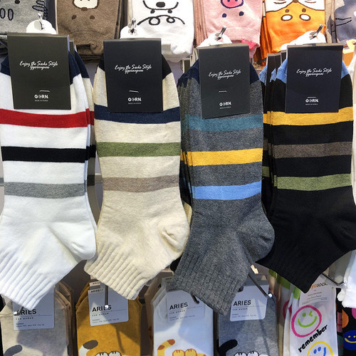 韩国进口袜子春夏新款男士短筒棉袜英伦风宽条纹男袜商务2068