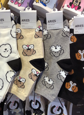 韩国ARIES袜子可爱狗狗棉袜四季休闲日系少女袜拼色跟中筒袜9107