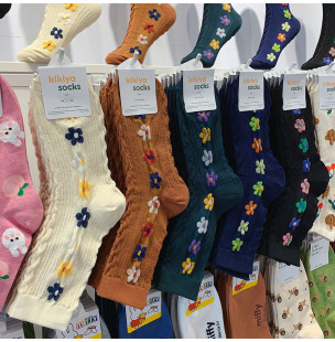 韩国进口东大门新款 女袜日系甜美泫雅风小花复古浮雕螺纹ins1003