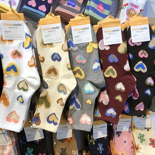 韩国进口时尚 袜子爱心彩印爱心少女袜kikiya小桃心中筒袜1114 新款